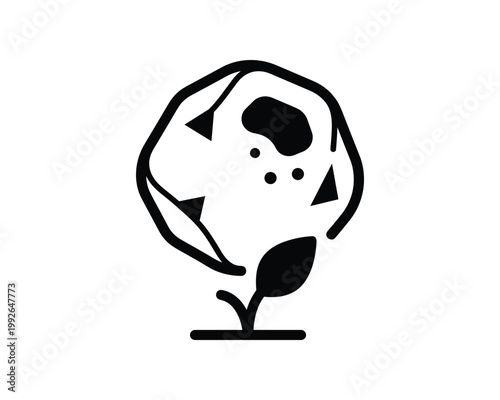 Stylized plant icon showing fertilizer pellets nurturing growth. Black and white vector illustration.