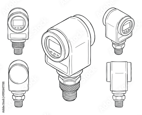Technical line art drawing of a digital pressure transmitter shown in multiple views