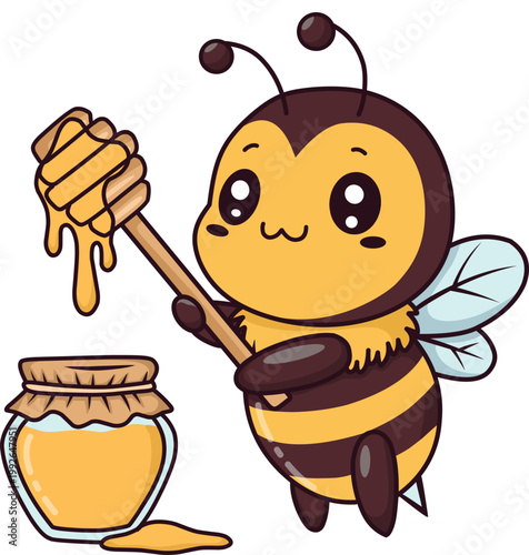 Cute Chibi Honey Bee with Honey Dipper and Jar