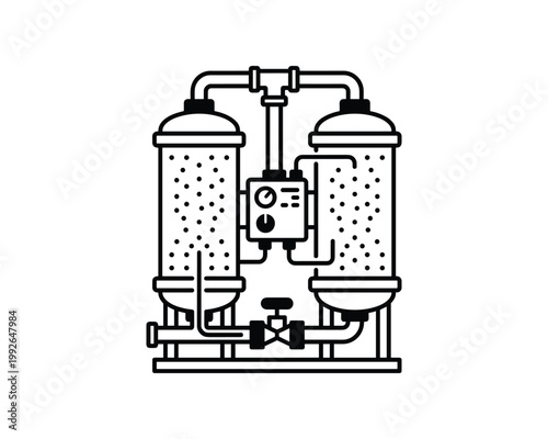 Twin desiccant dryer system line art icon showing two tanks and a control panel