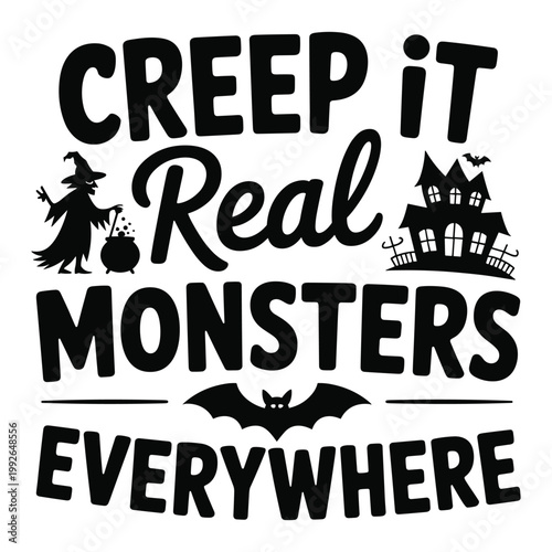 Creepy monsters everywhere, halloween-themed black and white