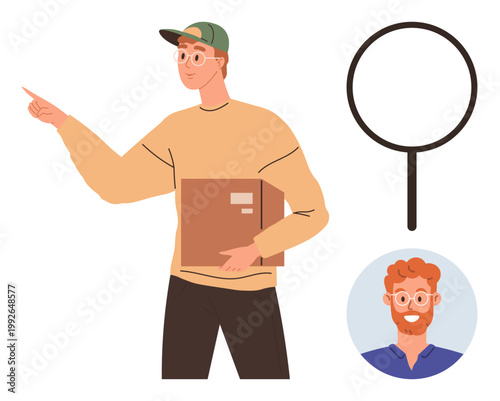 Data management, identification, recruitment, digital profiles, human resources, background check. A man with a folder pointing, magnifying glass icon and headshot. Identification and recruitment