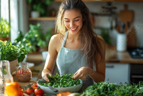 young woman in apron preparing a large bowl of leafy green salad with tomatoes carrots and fresh herbs in a sunlit home kitchen, calm and focused