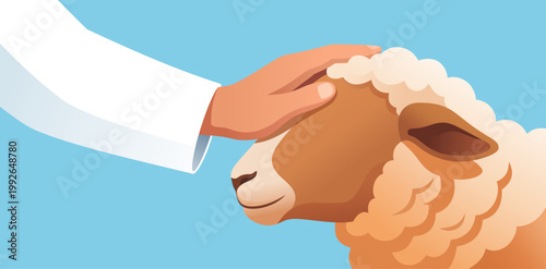Flat vector illustration of a hand petting a sheep for Eid al-Adha Qurban sacrifice. Symbolizes Islamic mercy and kindness to animals. Minimalist blue background for festival posters and greetings.