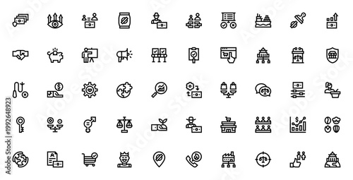 Fair Trade icon set. Vector symbols for money, trade, packaging, worker, ethics, sustainability and more. Minimal line icons collection.