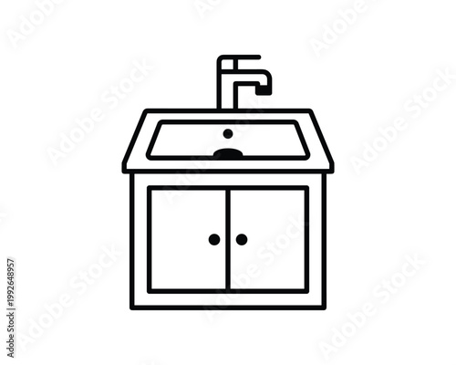 Vector line art illustration of a bathroom sink vanity with a faucet and two cabinet doors.