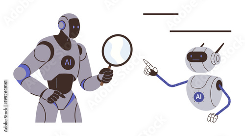 Artificial intelligence, machine learning, research technology, data analysis, automation, robotics. Two AI-powered robots interacting with a magnifying glass. Artificial intelligence and data