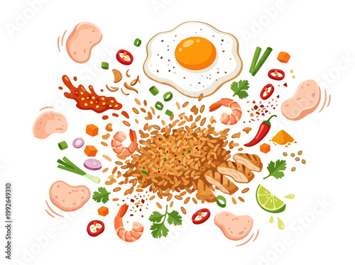Savory fried rice dish with chicken, shrimp, and a fried egg, surrounded by crackers, chili, and fresh herbs in a delightful food art composition