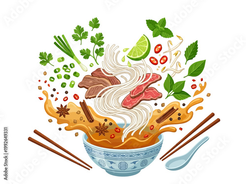 Vietnamese Pho Noodle Soup Dish with Beef, Herbs, Spices, and Lime, Isolated on White Background