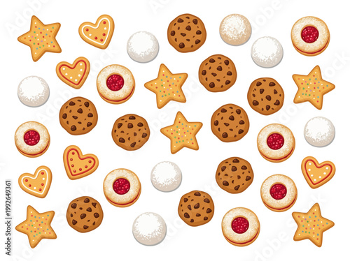 A delightful collection of assorted cookies, including jam-filled shortbread and star-shaped cookies, presented in a flat, two-dimensional artistic style