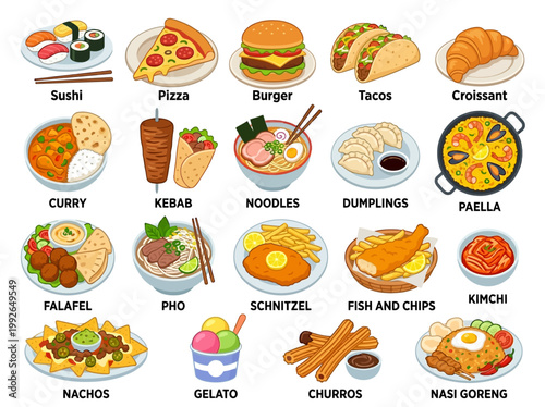 A vibrant collection of diverse global cuisines and popular dishes, showcasing a variety of delicious food options from around the world