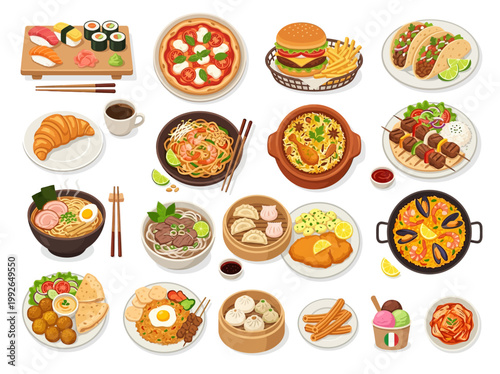 Diverse collection of delicious international food icons representing various cuisines from around the world