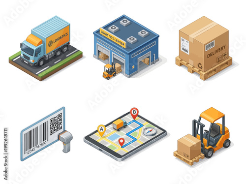 Isometric logistics and delivery icons warehouse, truck, package, barcode, map, forklift, and shipping box