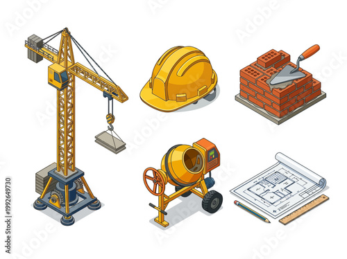 Isometric construction site elements including a crane, concrete mixer, helmet, brick trowel, bricks, and blueprints, symbolizing construction and industry