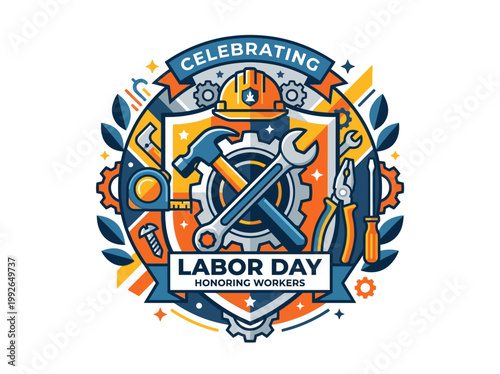 Labor Day Illustration Celebrating Workers with Tools and Symbols of Industry