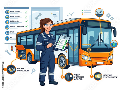 Bus maintenance and inspection by a female mechanic, illustrating vehicle check-up and repair services