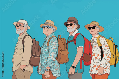 Four older men prepare for a hiking trip on a clear day with colorful backpacks and hats
