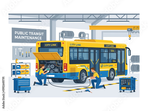 Commercial vehicle repair and maintenance in a modern workshop with mechanics working on a bus