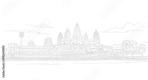 Angkor Wat in a minimalist line art style, a UNESCO World Heritage site in Cambodia, depicted with intricate detail and clean lines