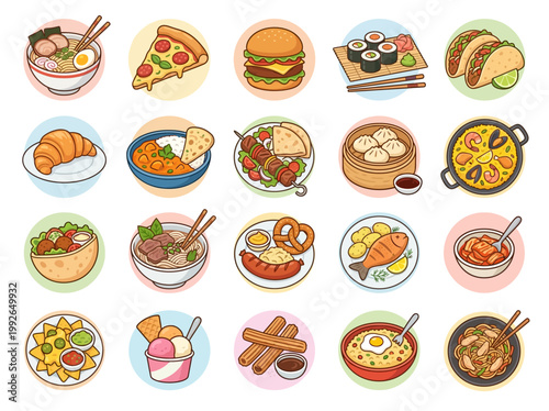 A delectable assortment of delicious and diverse international food illustrations, perfect for culinary themes and menu designs
