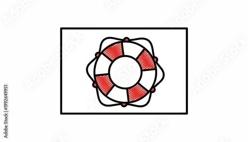 Red and white lifebuoy with ropes on a white background, safety equipment