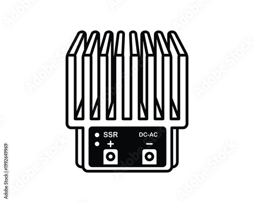 Vector outline icon illustrates an industrial solid-state relay, complete with a heatsink and DC-AC labels.