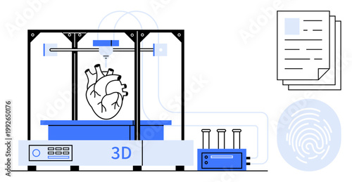 Medical research, organ transplantation, innovation, 3D printing, biotechnology, healthcare technology. A 3D printer producing a human heart model with lab equipment and documents. Medical research