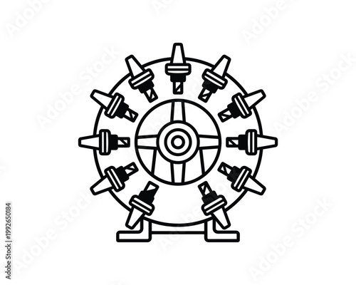 Vector outline icon of a CNC tool carousel for manufacturing and industrial designs
