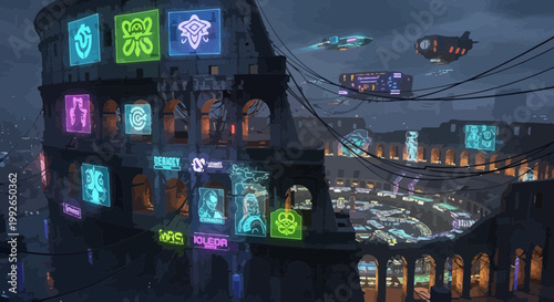 Cyberpunk cityscapes feature glowing neon signs and futuristic transport in ancient roman colosseum stadium