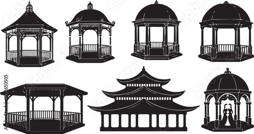 Black gazebo icons, pagoda style structures, outdoor pavilion silhouettes, garden shelters