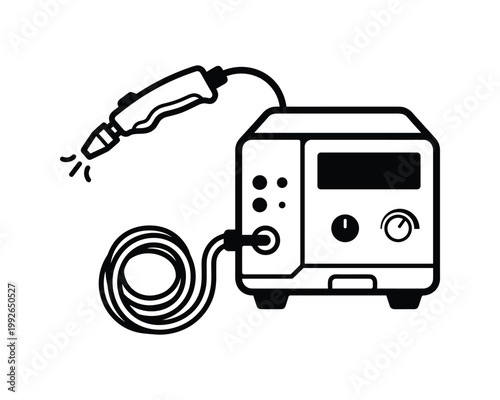 Vector outline icon of a helium leak detector with a handheld probe and main unit.