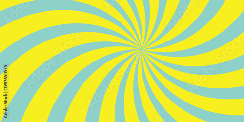 Psychedelic swirl backdrop with blue and yellow spiral creating vintage Y2K aesthetic. Colorful whirlpool bg. Retro radial vortex design featuring pastel colors, whimsical circus-inspired illustration