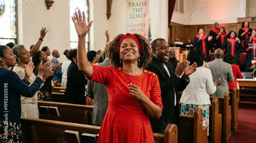 Joyful African American woman wearing a red outfit praising God during a church worship service.
