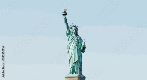 The Majestic Statue of Liberty Stands Tall Against the Blue Sky, a Symbol of Freedom