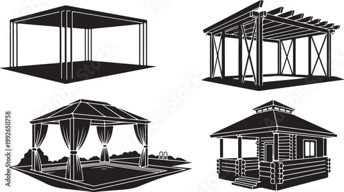 gazebo, pergola, pavilion, outdoor structures, black and white, vector icons, 4 elements
