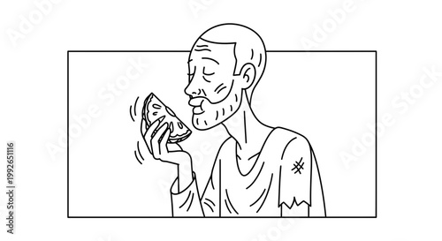 Malnourished Man Smelling Slice of Fruit, Poverty and Hunger Concept