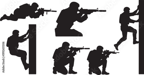 Tactical soldier silhouettes, military icons, combat graphics, black vector illustrations