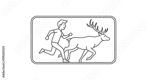 Man Chasing Deer in Outline Style