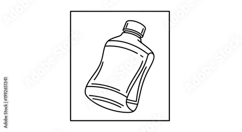 Hand-drawn illustration of a tilted, empty liquid bottle with label space