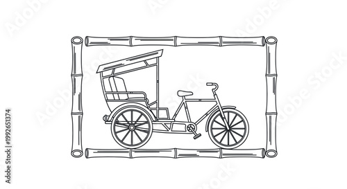 Hand-drawn Rickshaw Framed by Bamboo