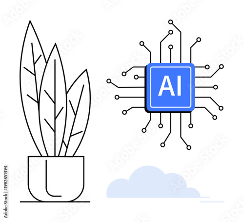 Artificial intelligence, technology innovation, eco-friendly design, sustainability, digital transformation, nature. Blue AI chip with circuitry next to a potted plant. AI and eco-friendly design