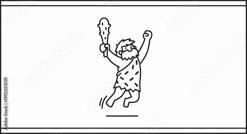 Happy Caveman Jumping with Club, Prehistoric Man Celebrating Victory, Cartoon Style