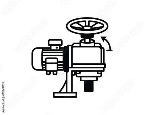Vector outline illustration of an electric motor actuator assembly with a handwheel and rotation arrow.