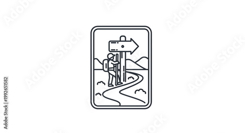 Hiker at Crossroads Signpost, Mountain Trail Adventure, Choice Direction
