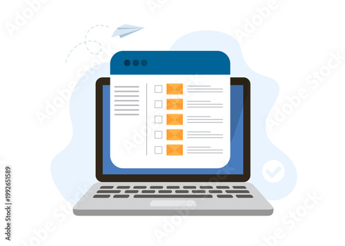 Laptop Computer Showing Digital Inbox with Email Icons and Checkboxes