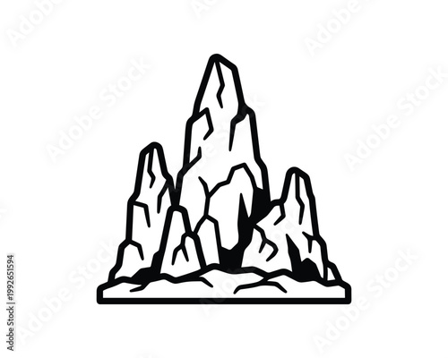 Vector outline illustration of cave stalagmites and rock formations on a base.