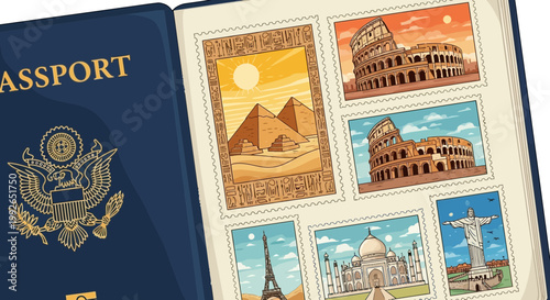 A Passport Filled with Iconic Global Landmarks and Historical Monuments from Around the World