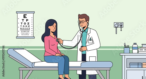 Doctor examining a female patient with a stethoscope during a medical check-up in a clinic