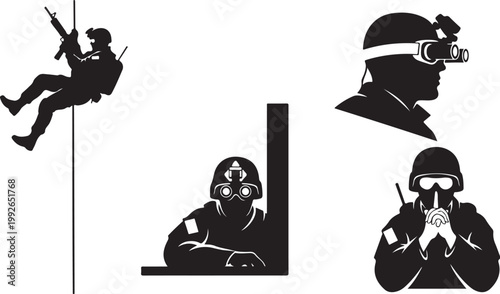 Tactical, military, soldier, silhouette icons, 4 black vector graphics, for security, defense, and emergency response designs
