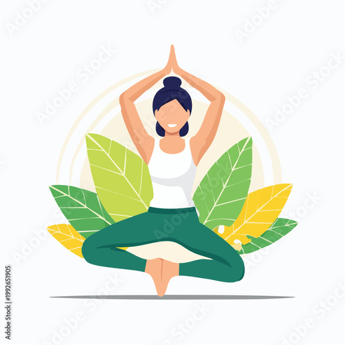 Woman practicing yoga in a serene pose surrounded by leaves